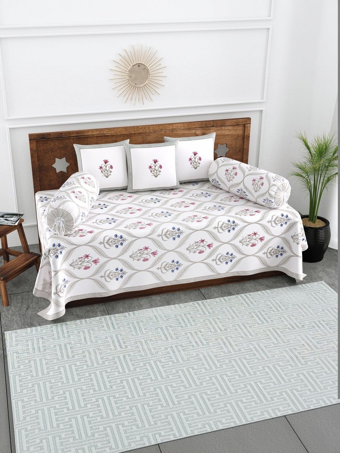 Texstylers Set Of 6 White & Pink Floral Printed Pure Cotton Diwan Set-picture-57