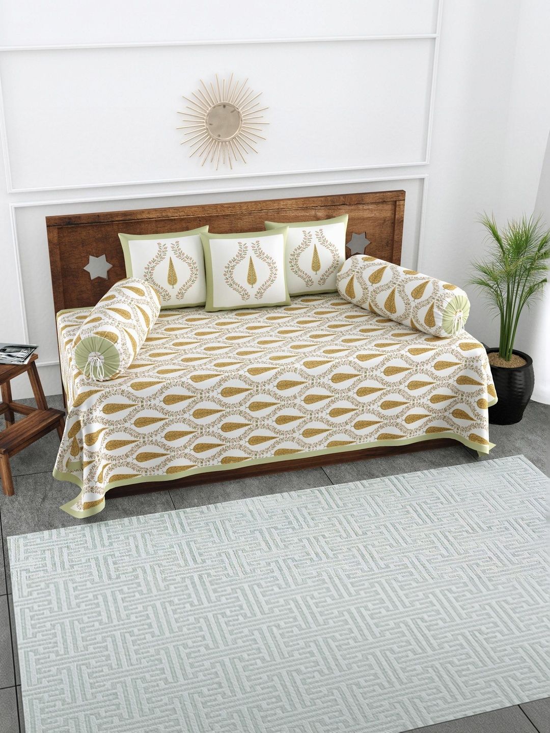 Texstylers Set Of 6 White & Beige Floral Printed Pure Cotton Diwan Set-image-37