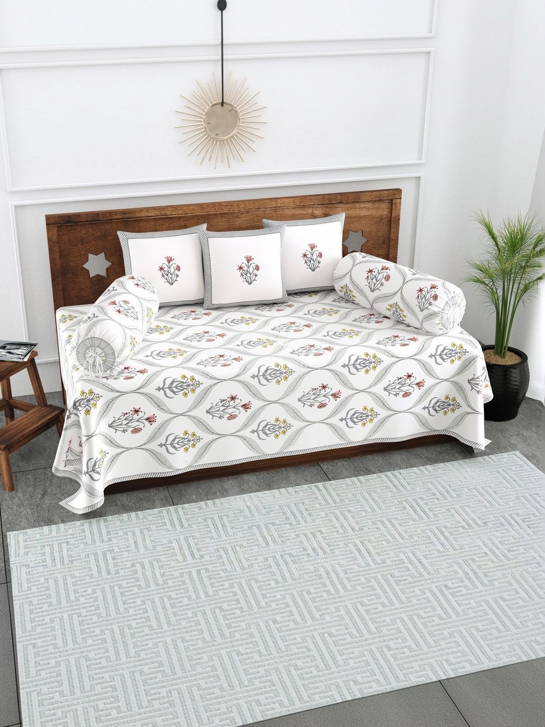 Texstylers Set Of 6 White & Orange-Colored Floral Printed Pure Cotton Diwan Set-picture-46