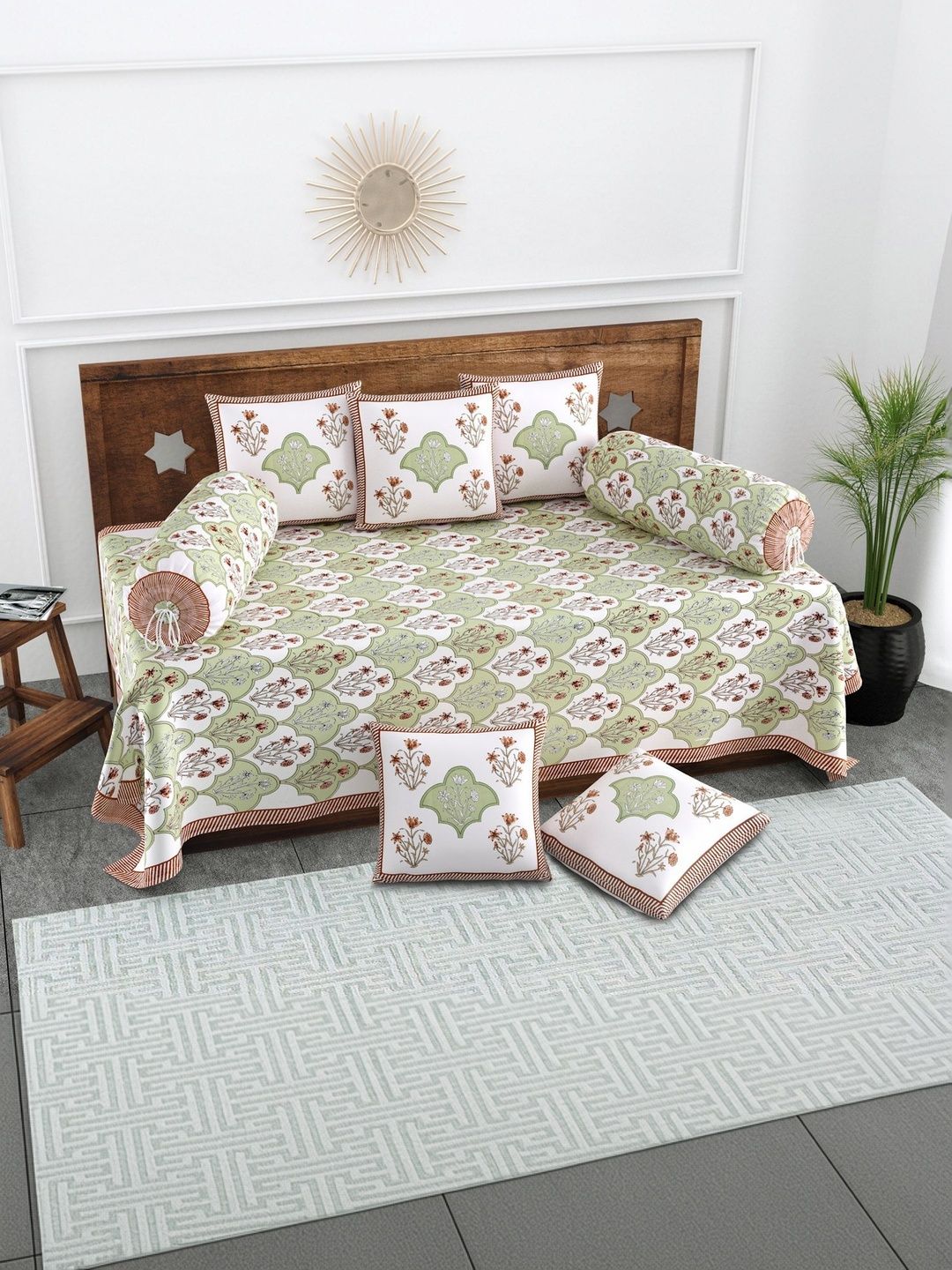 Texstylers Set Of 8 White & Peach-Colored Floral Printed Pure Cotton Diwan Set-picture-56