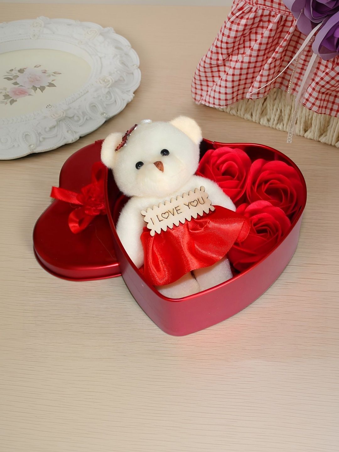 Elecsera Red Metal Heart Shape Valentine Gift Box With Teddy & Rose-picture-1
