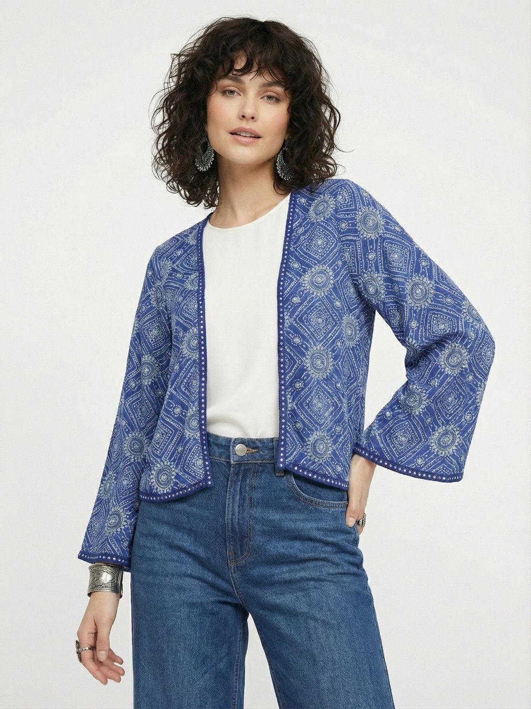 fusion by glitchez Ethnic Printed Flared Sleeves Embroidered Open Front Shrug