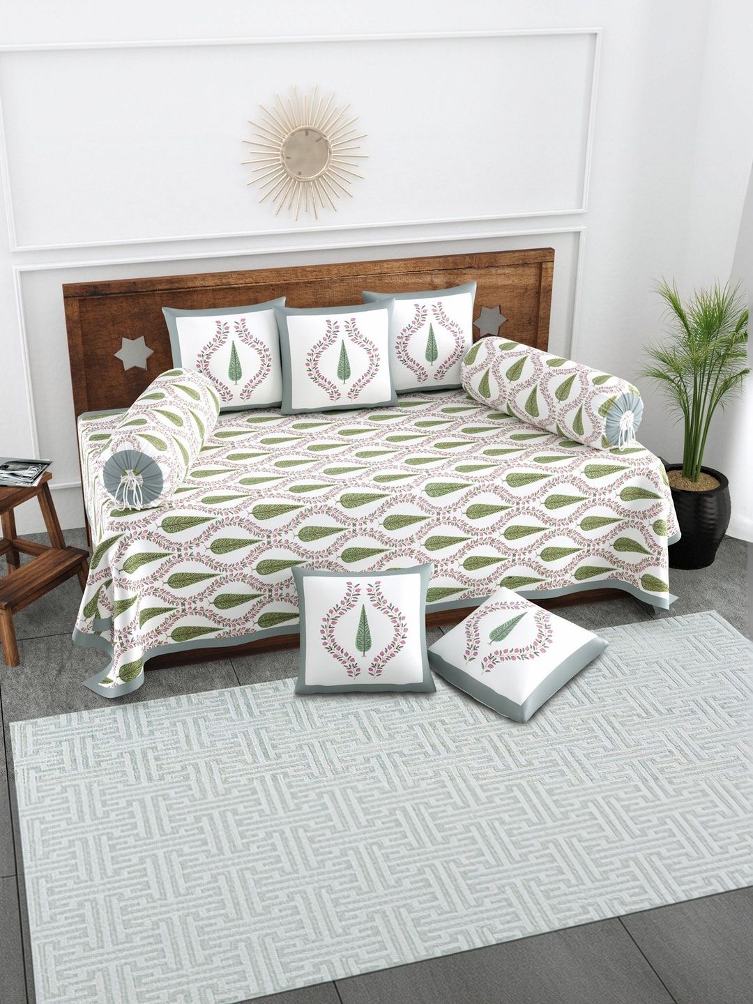 Texstylers Set Of 8 White & Grey Floral Printed Pure Cotton Diwan Set-picture-27