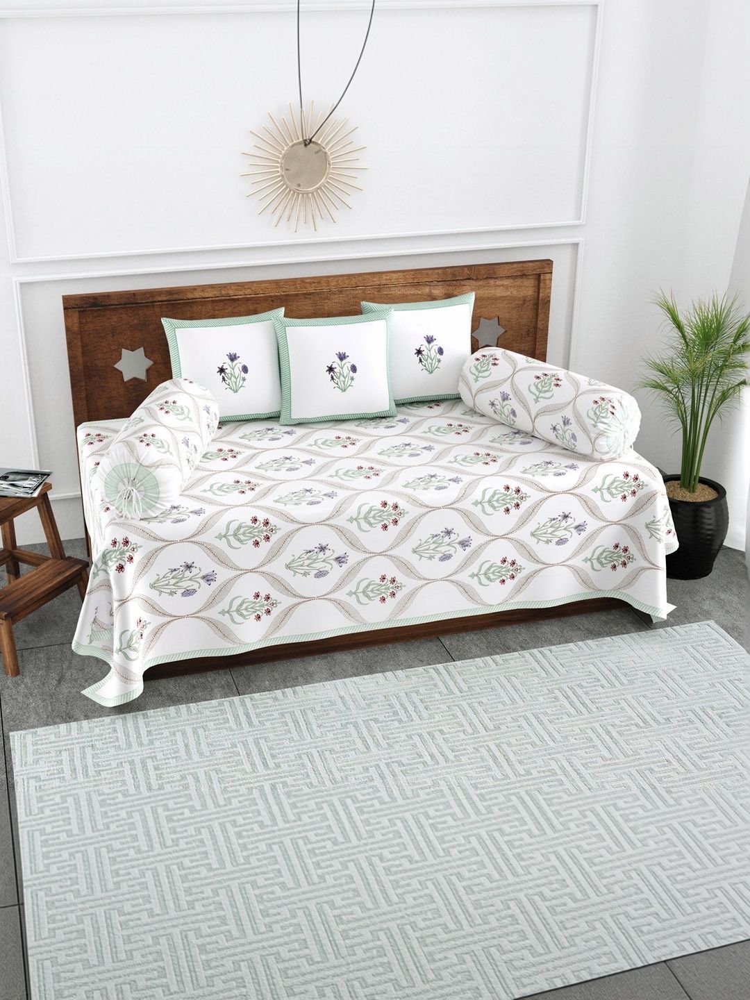 Texstylers Set Of 6 White & Blue Floral Printed Pure Cotton Diwan Set-picture-55