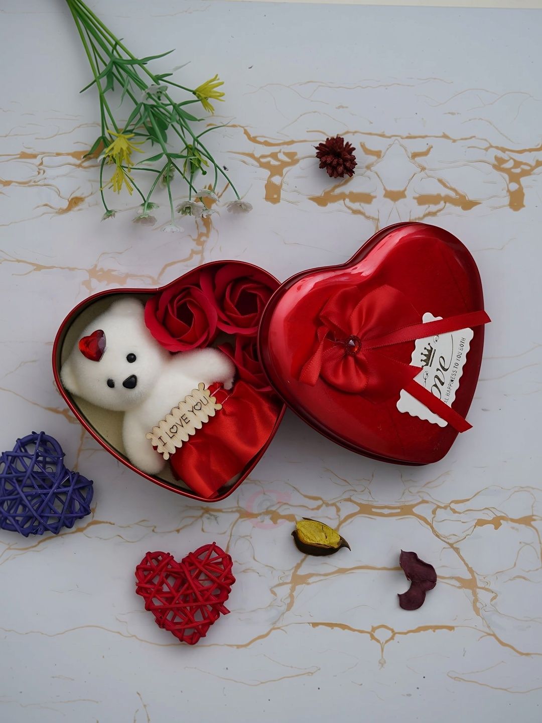 Elecsera Red Metal Heart Shape Valentine Gift Box With Teddy & Rose-picture-16
