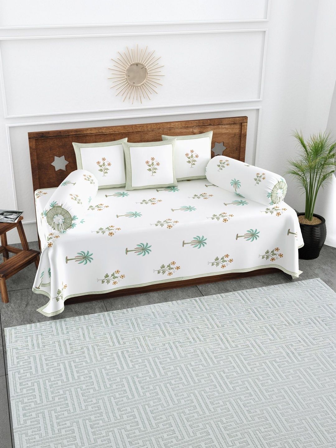 Texstylers Set Of 6 White & Orange-colored Floral Printed Pure Cotton Diwan Set-picture-48