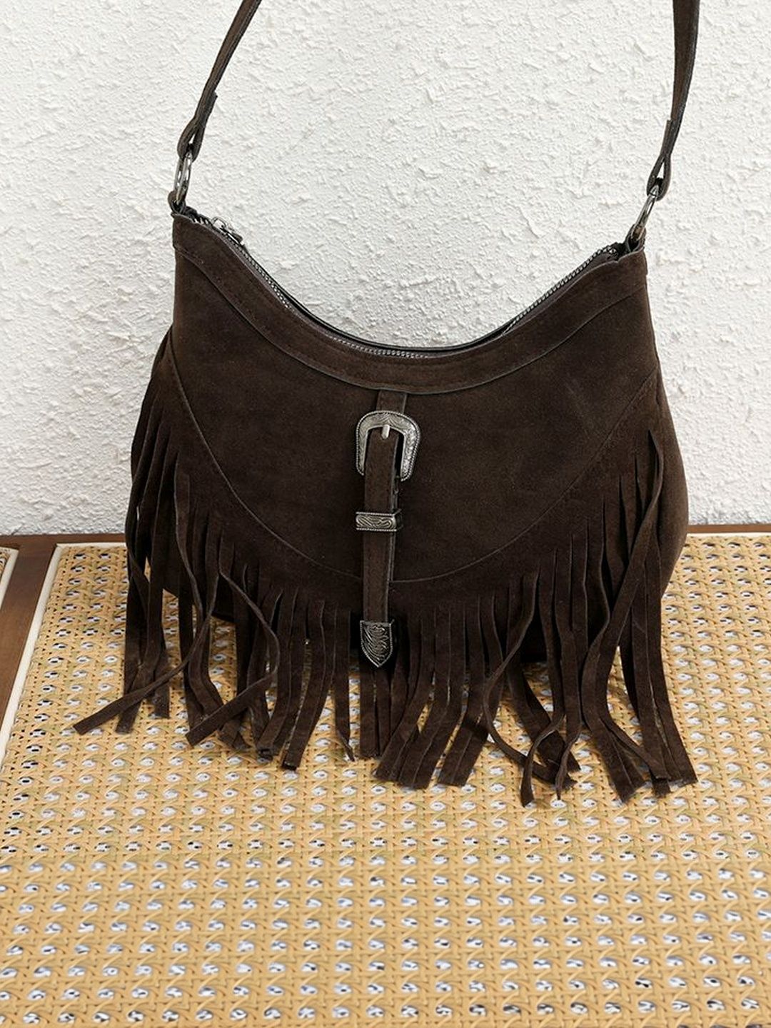CORSICA Textured PU Half Moon Sling Bag with Fringed-picture-41