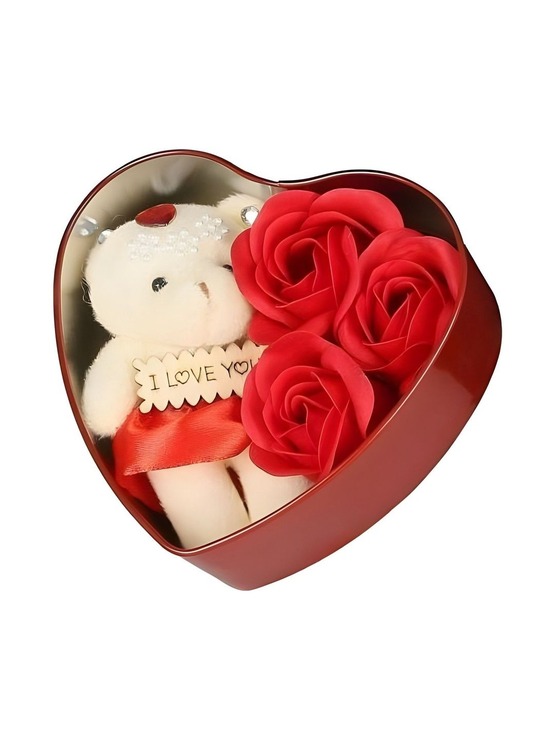 Elecsera Red Metal Heart Shape Valentine Gift Box With Teddy & Rose-picture-2