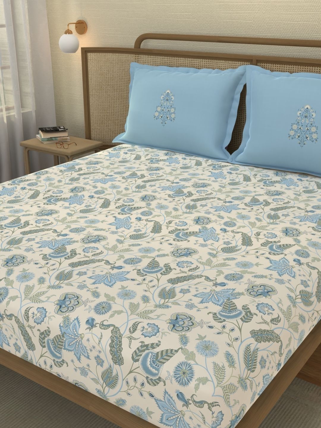 Portico New York Signature Cream-Coloured Floral 210 TC Bedsheet with 2 Pillow Covers