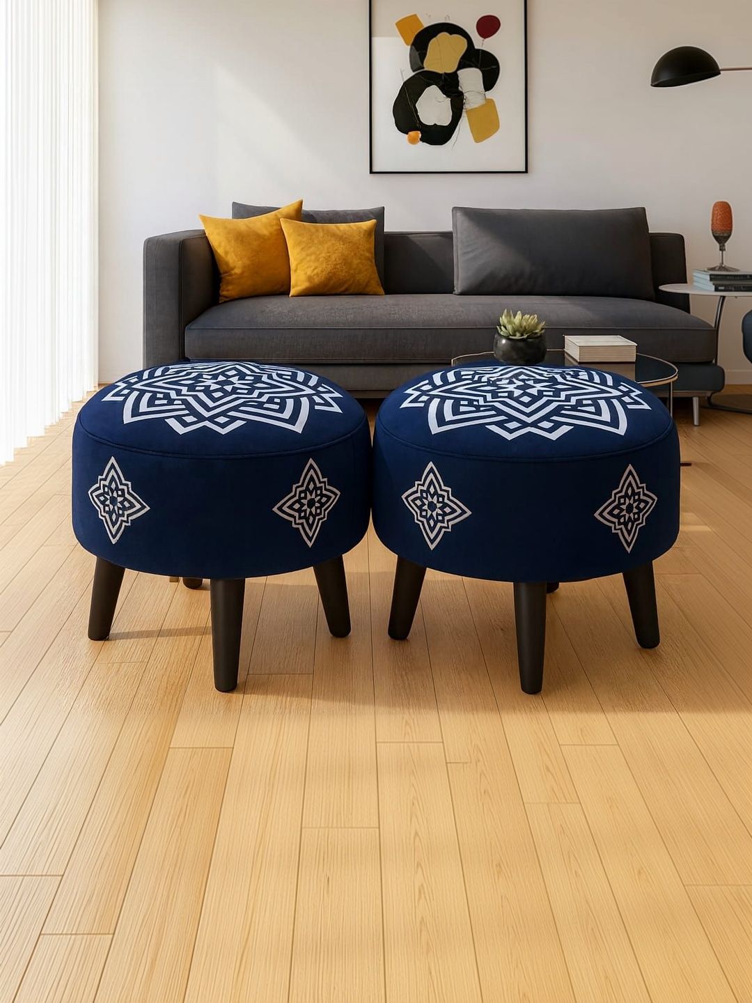 JAICO 2Pcs Blue & White Printed Round Wooden & Velvet Ottomans-image-33