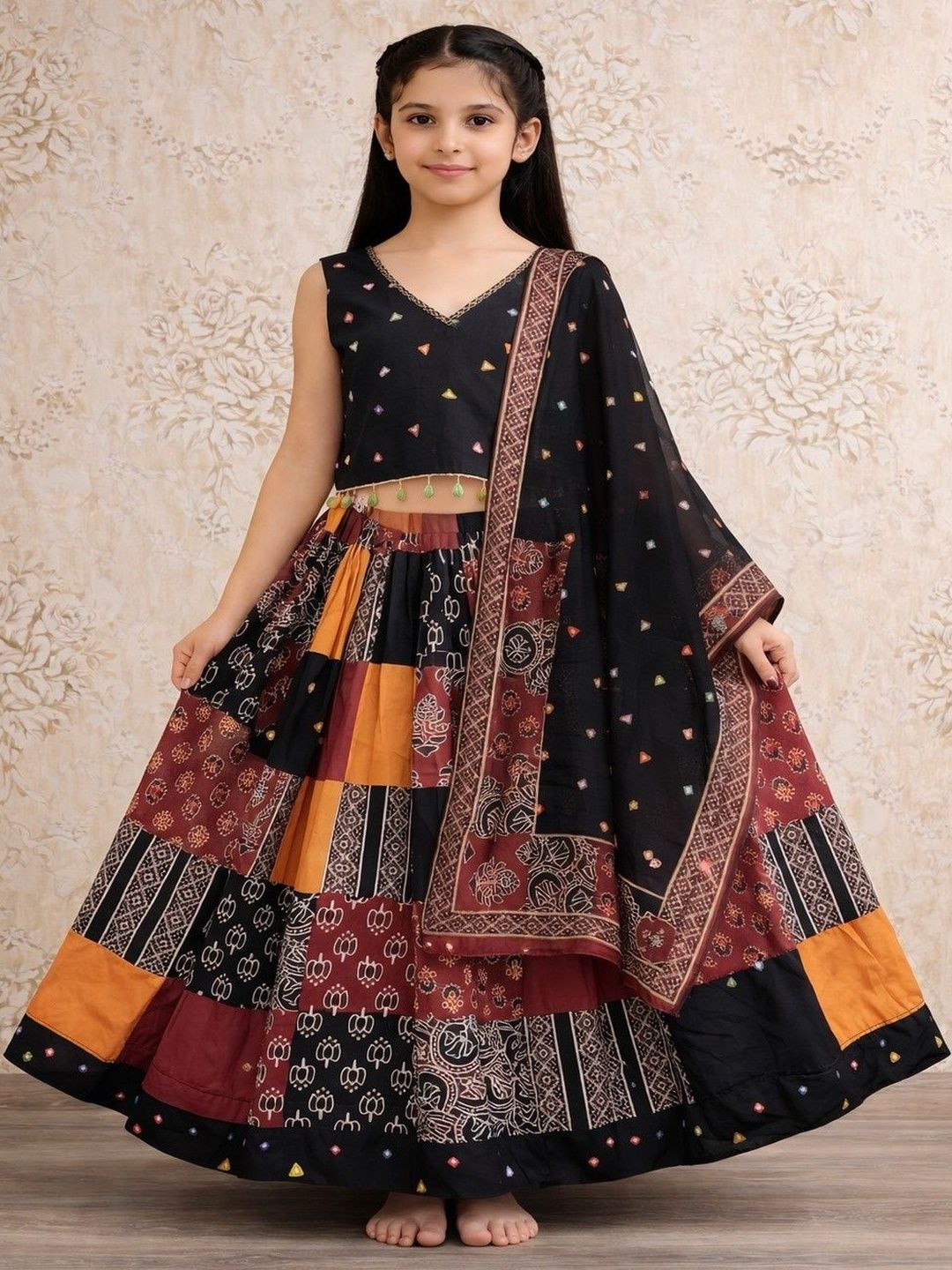 Helene Girls Embellished Thread Work Block Print Ready to Wear Lehenga & Blouse With Dupatta
