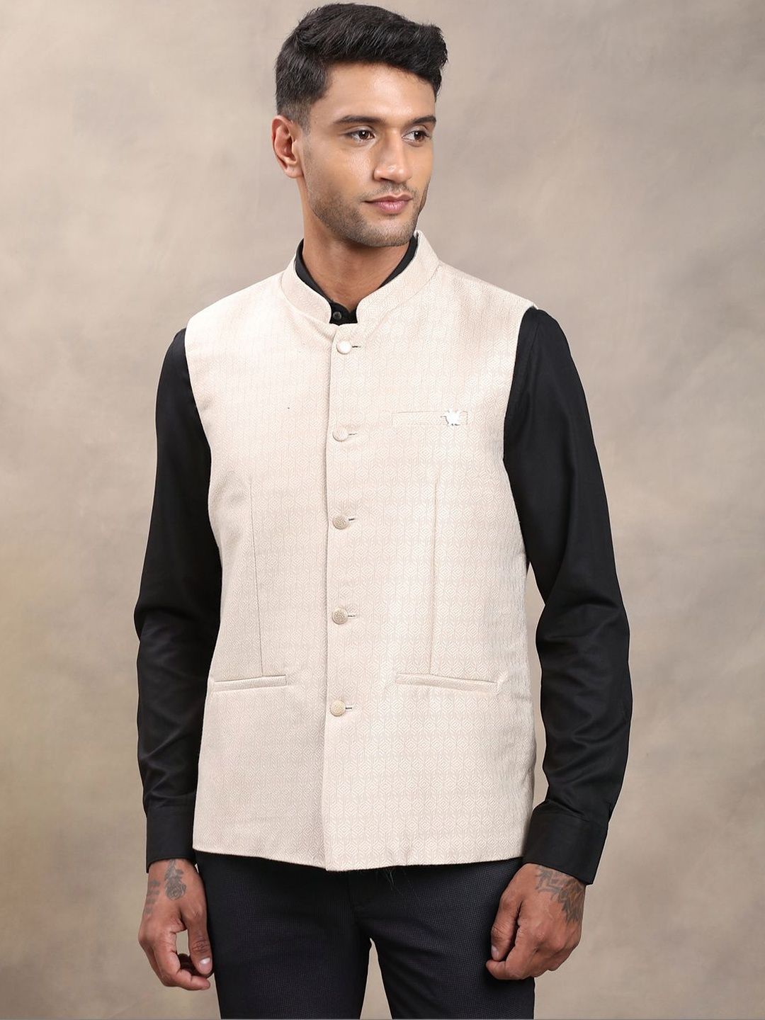 Turtle Woven Design Mandarian Collar Neck Woven Nehru Jacket-picture-57