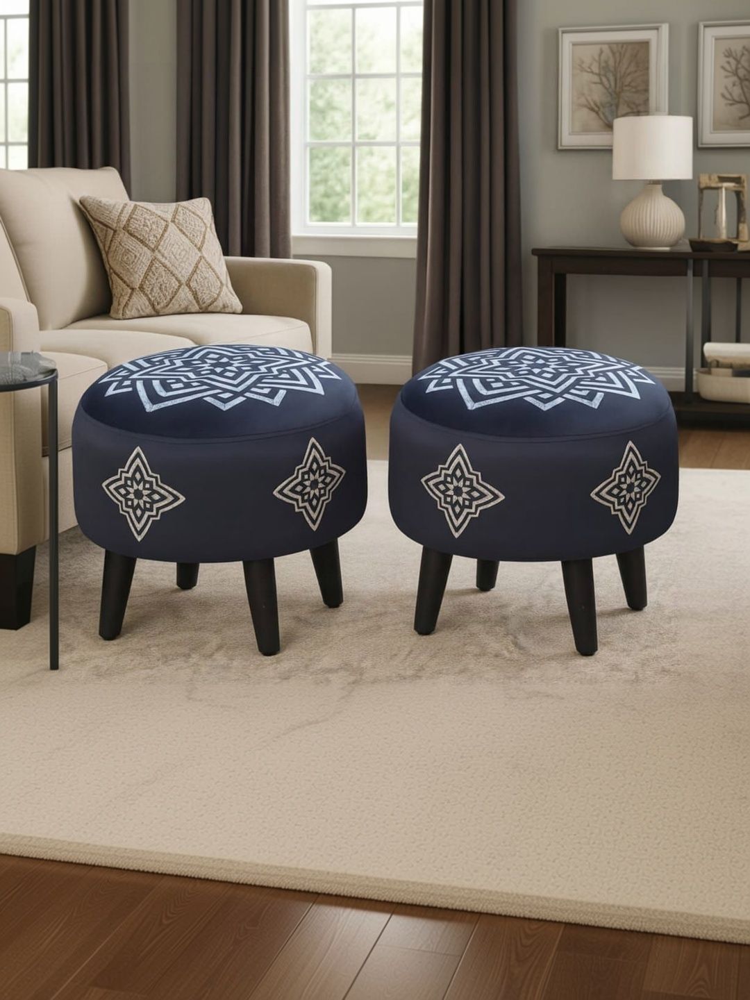 JAICO 2Pcs Grey & White Printed Round Wooden & Velvet Ottomans-picture-17