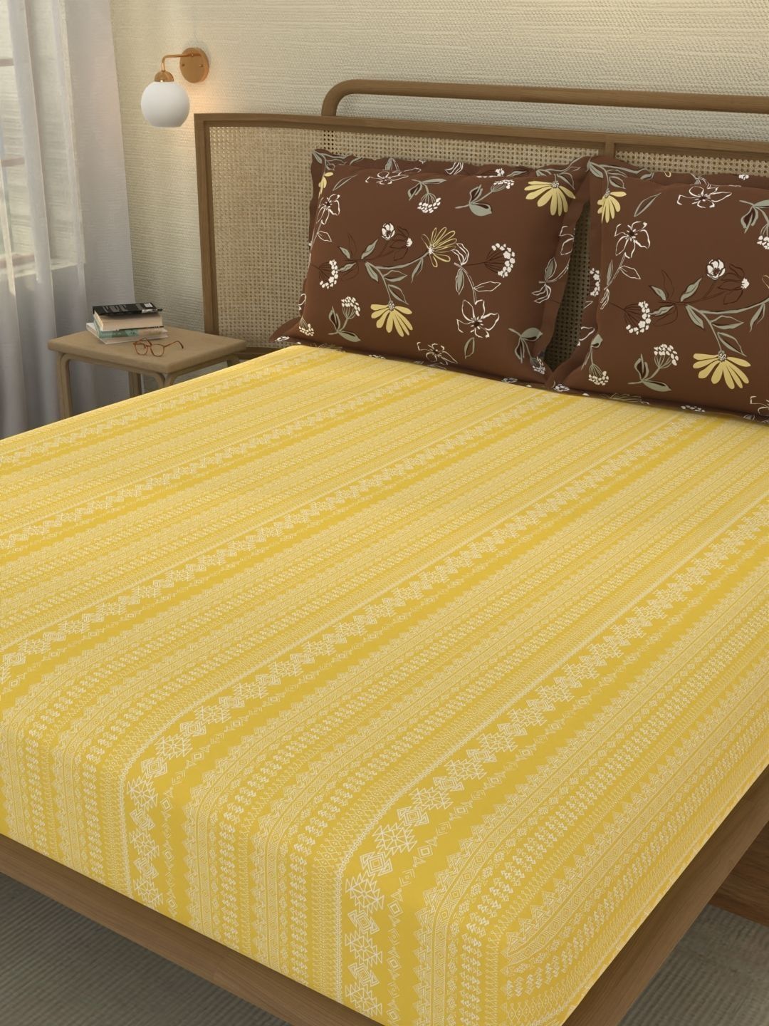 Portico New York Signature Yellow Ethnic Motifs 144 TC Bedsheet with 2 Pillow Covers-picture-29