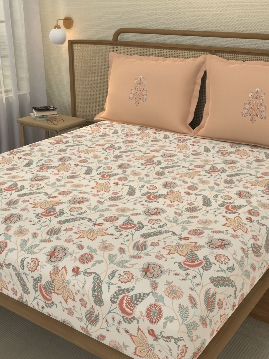 Portico New York Signature Off White Floral 210 TC Bedsheet with 2 Pillow Covers