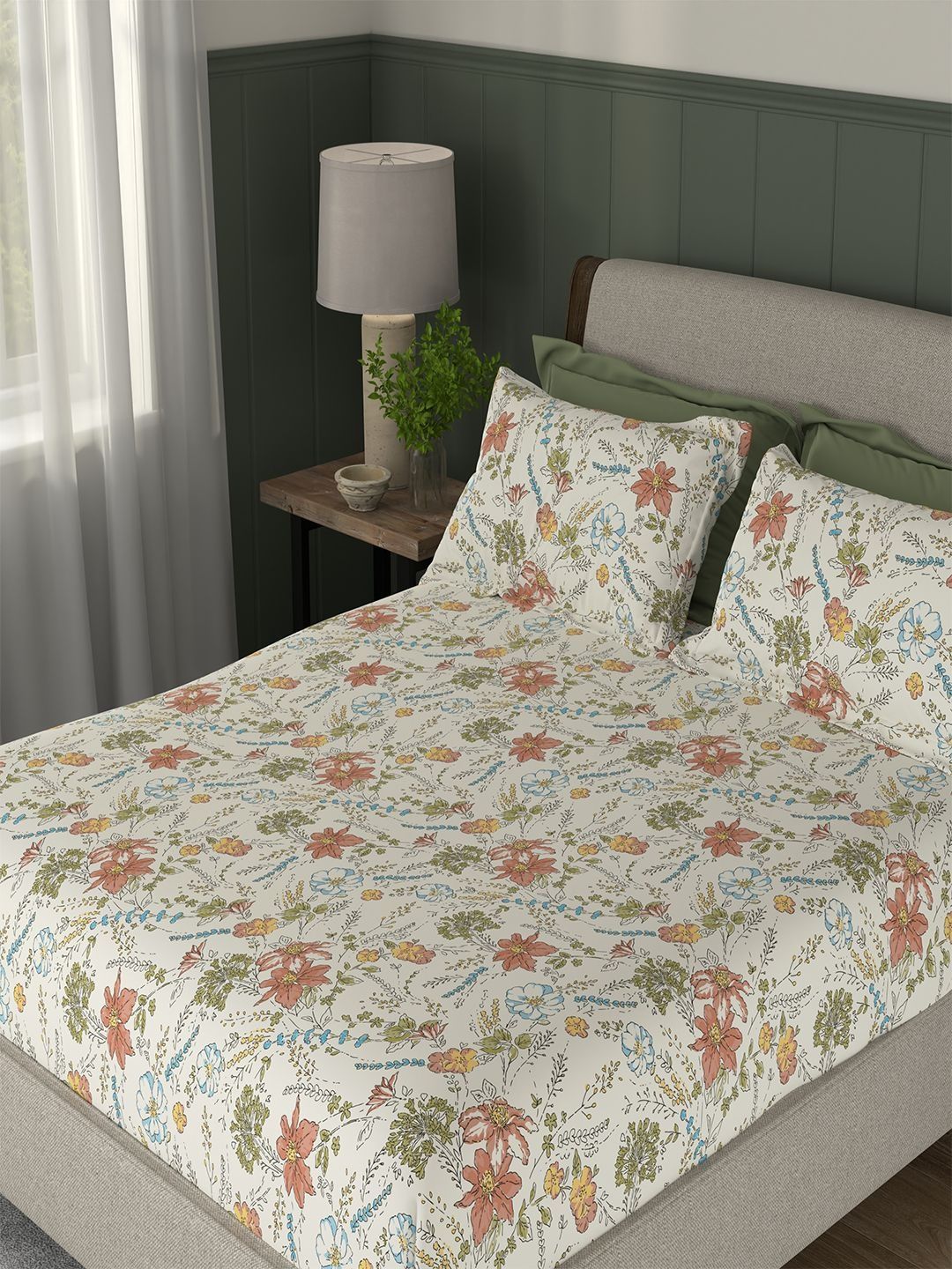 Portico New York Signature White Floral 104 TC Bedsheet with 2 Pillow Covers-image-40