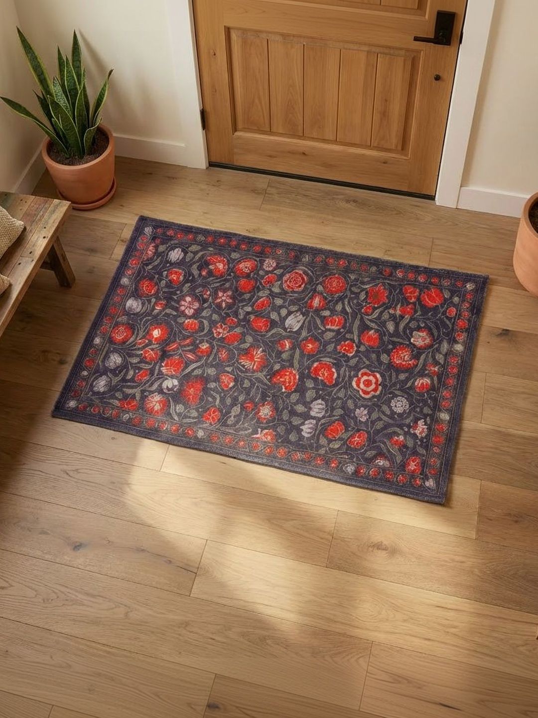 BUNGALOW AND BEYOND Black & Red Floral Printed Pure Cotton Dhurrie-image-10