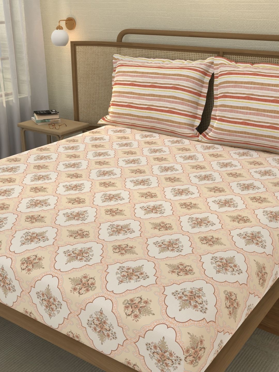 Portico New York Signature Cream-Coloured Floral 144 TC Bedsheet with 2 Pillow Covers