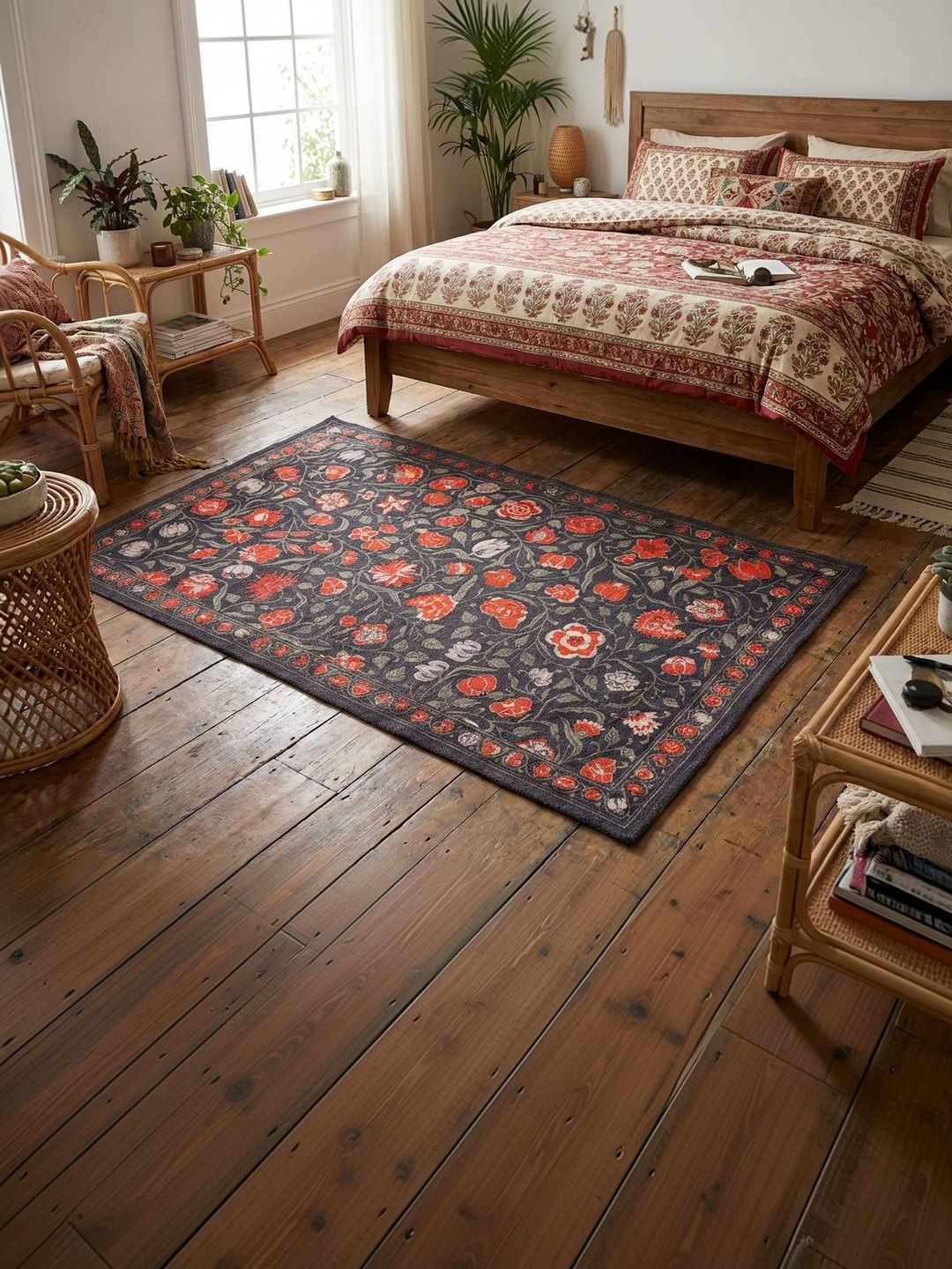 BUNGALOW AND BEYOND Black Floral No Shredding Cotton Carpet-image-4