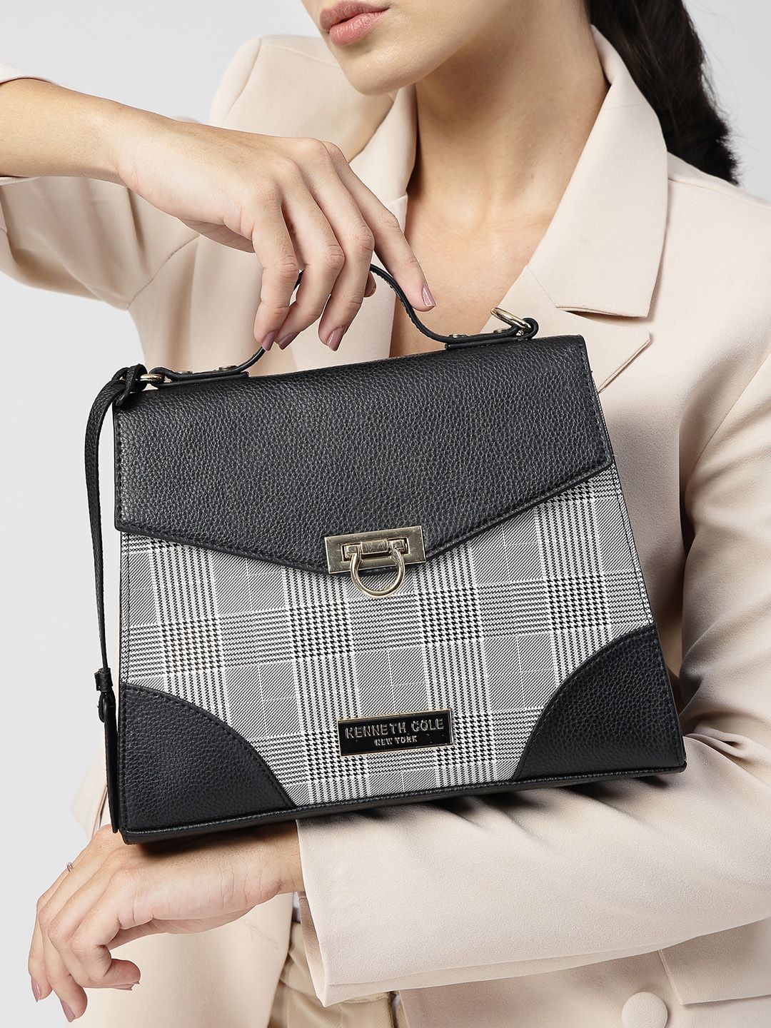 Kenneth Cole Black & Grey Small Structured Detachable Sling Strap Quilted Shoulder Bag-picture-50