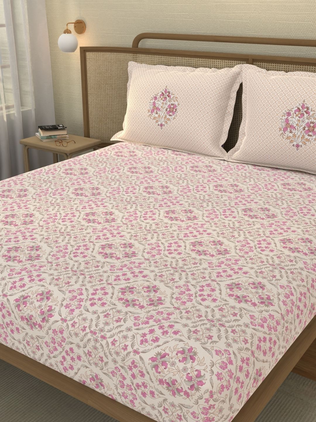 Portico New York Signature Off White Floral 180 TC Bedsheet with 2 Pillow Covers-picture-23