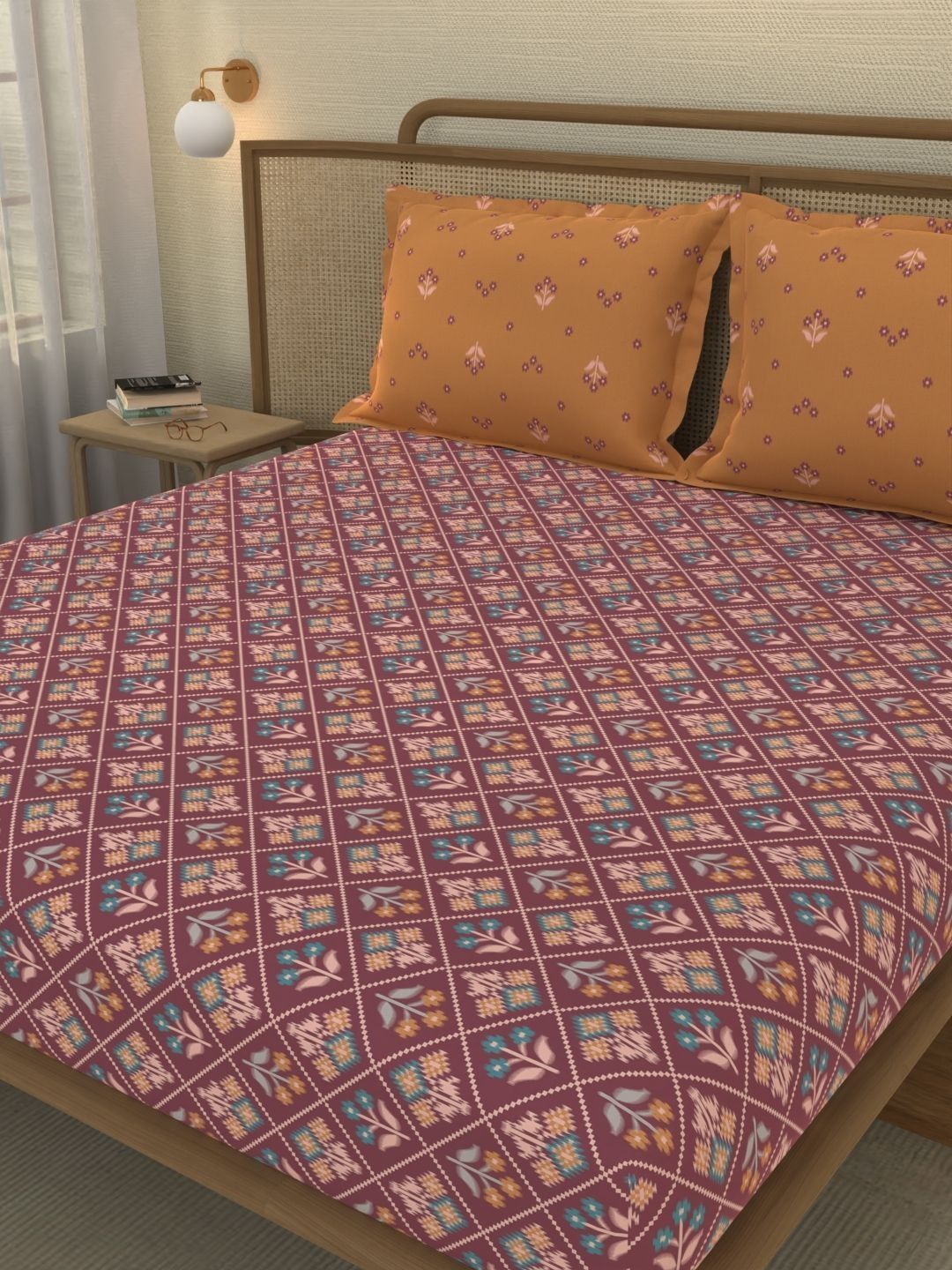 Portico New York Signature Maroon Ethnic Motifs 144 TC Bedsheet with 2 Pillow Covers