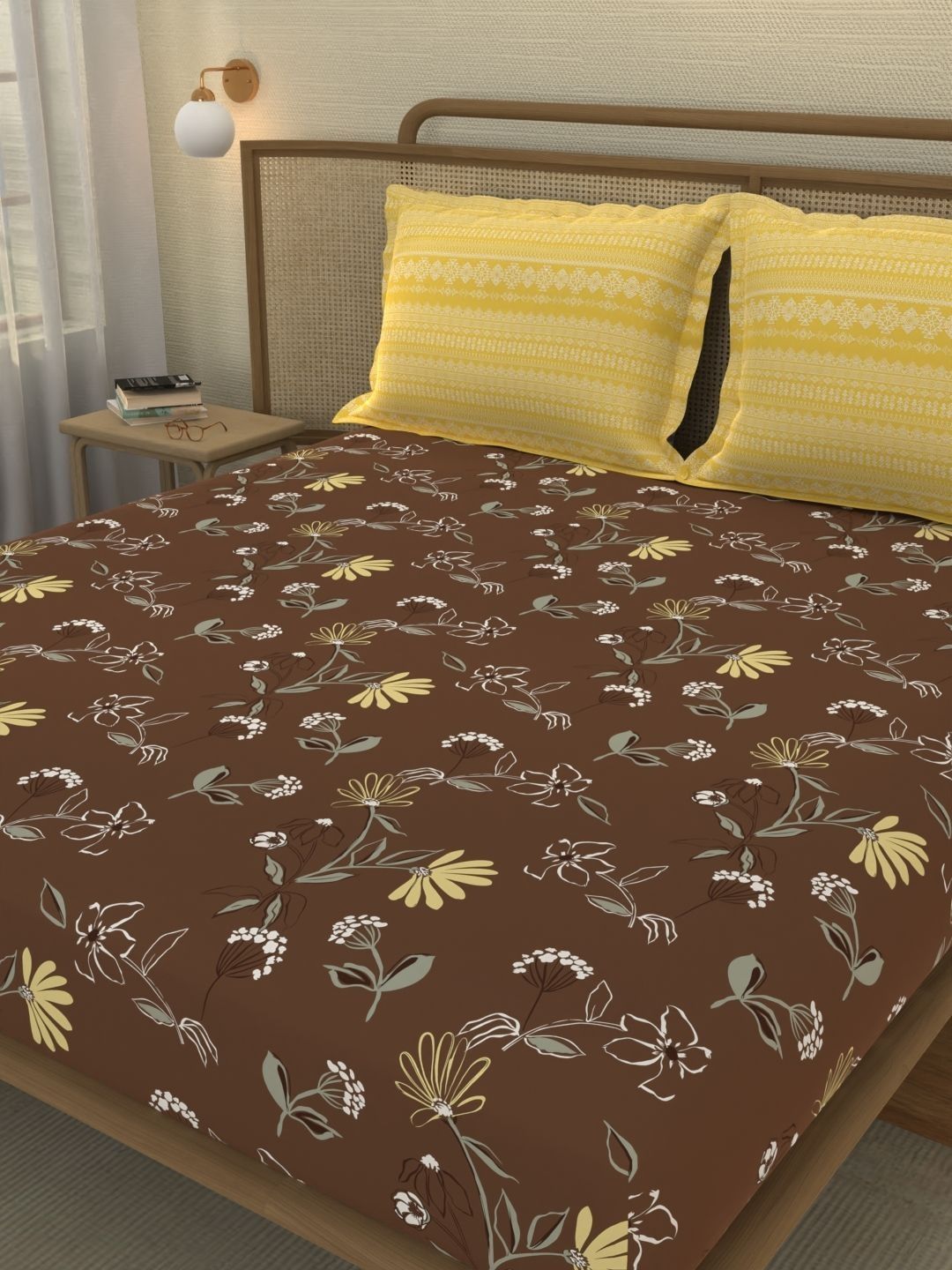 Portico New York Signature Brown Floral 144 TC King Bedsheet with 2 Pillow Covers-picture-48