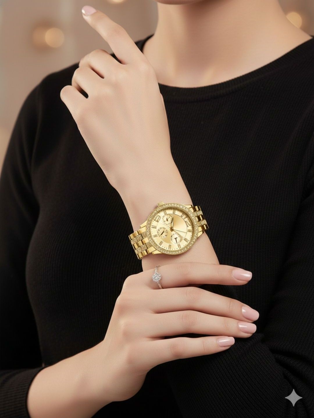 FIMBUL Women Embellished Dial & Bracelet Style Straps Analogue Date Aperture Automatic Watch WATCH-GOLD-05-picture-2