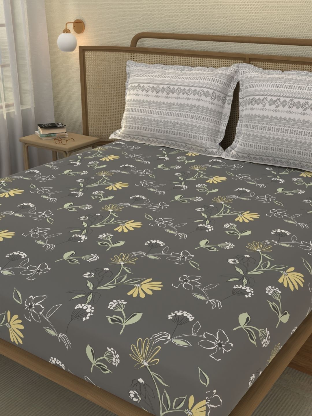 Portico New York Signature Grey Floral 144 TC King Bedsheet with 2 Pillow Covers-picture-13