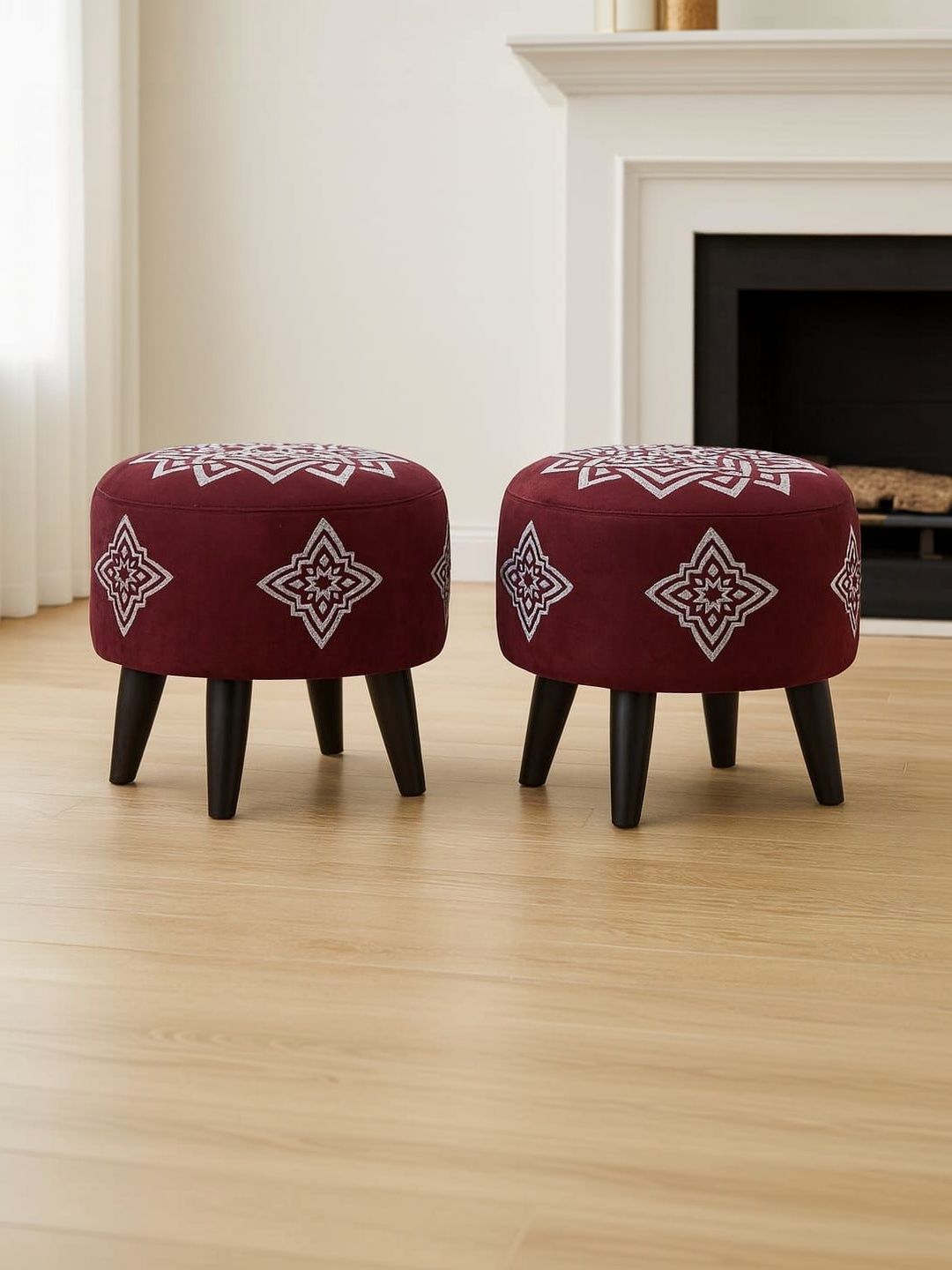 JAICO 2Pcs Maroon & White Printed Round Wooden & Velvet Ottomans-picture-11