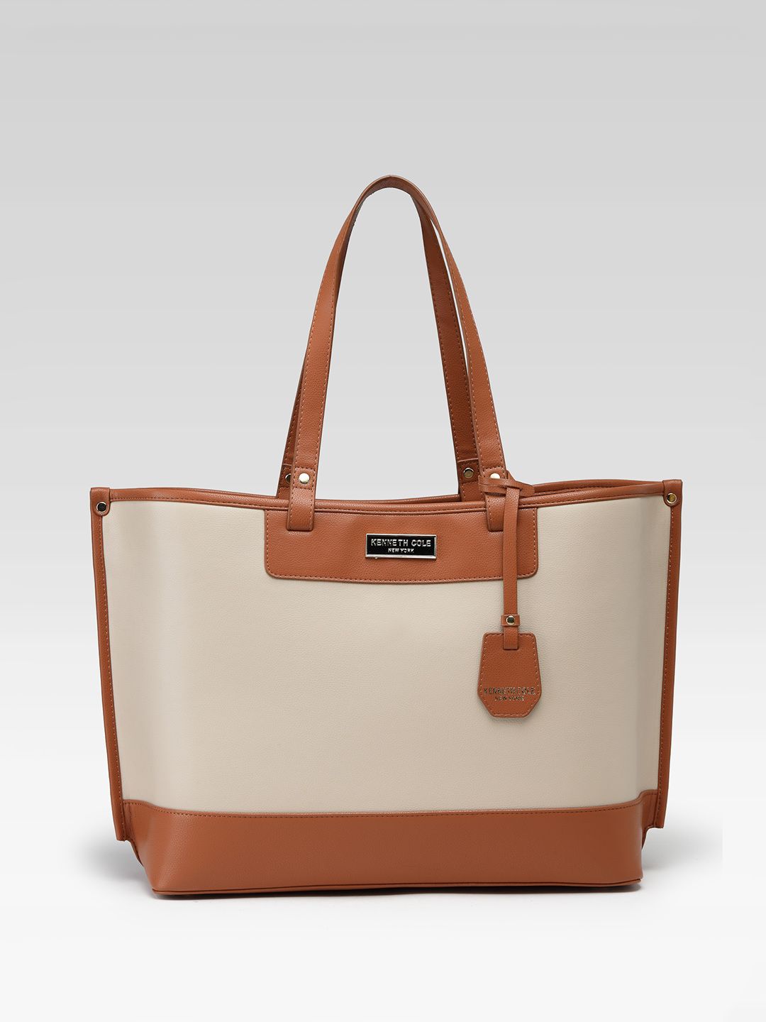 Kenneth Cole Beige & White Oversized Structured Cut Work Handheld Bag-picture-32