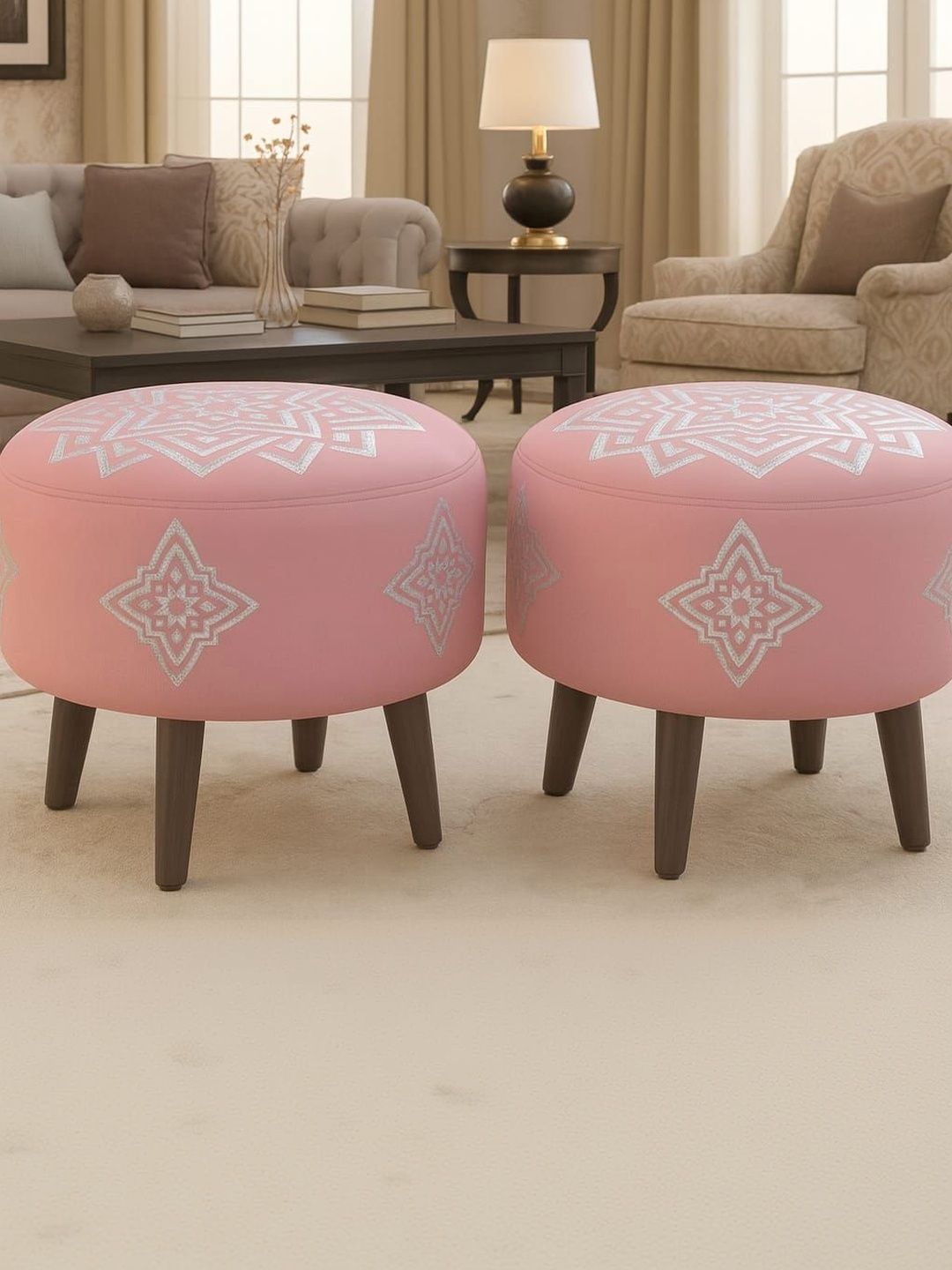JAICO 2Pcs Pink & White Printed Round Wooden & Velvet Ottomans-image-26