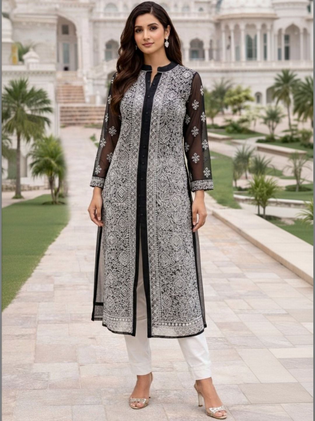 SHADES OF FAASHION Ethnic Motifs Embroidered Chikankari Pure Georgette Chikankari Panelled Kurti-image-27