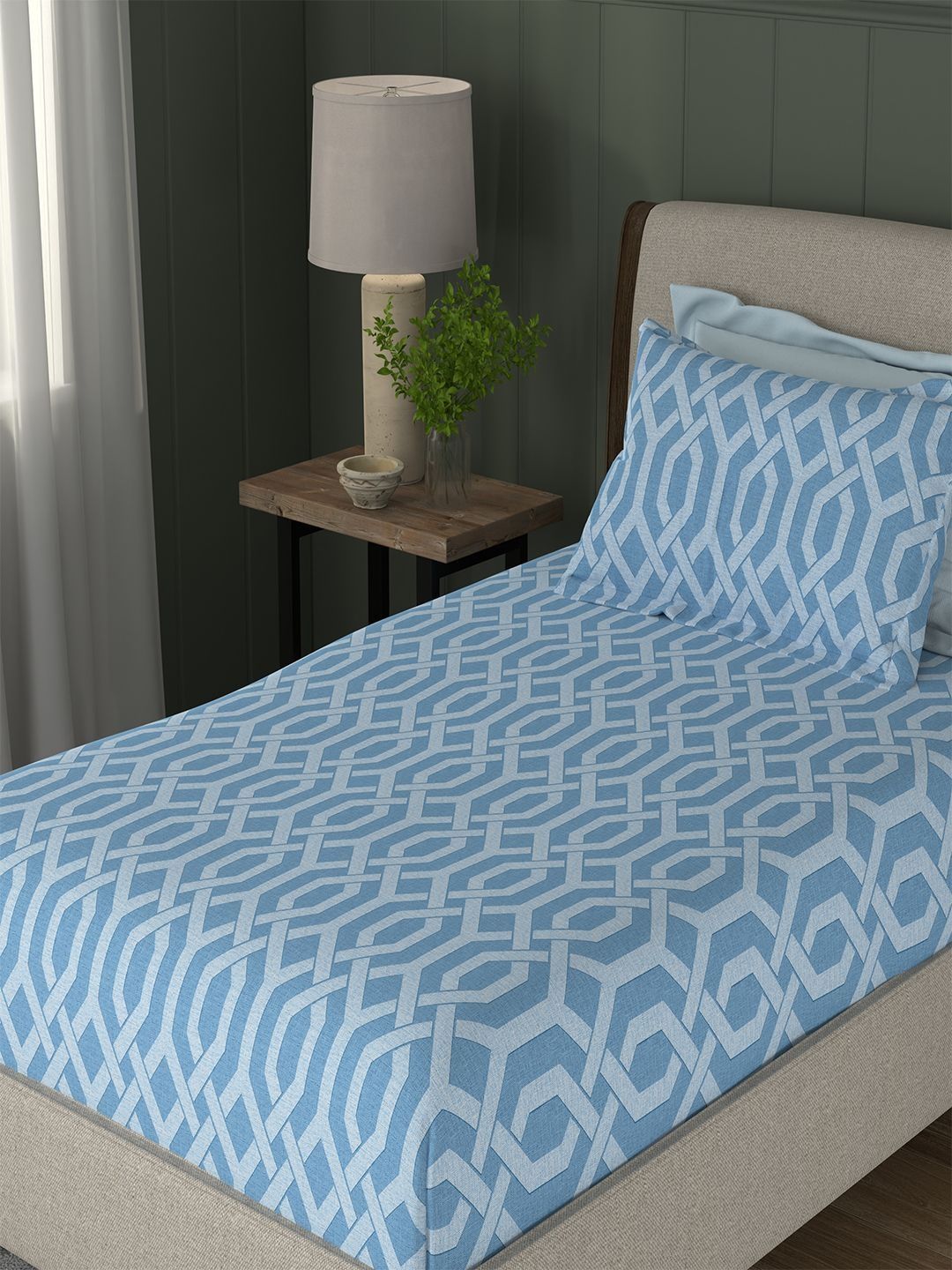 Portico New York Signature Blue Geometric 104 TC Single Bedsheet with 1 Pillow Covers-image-24