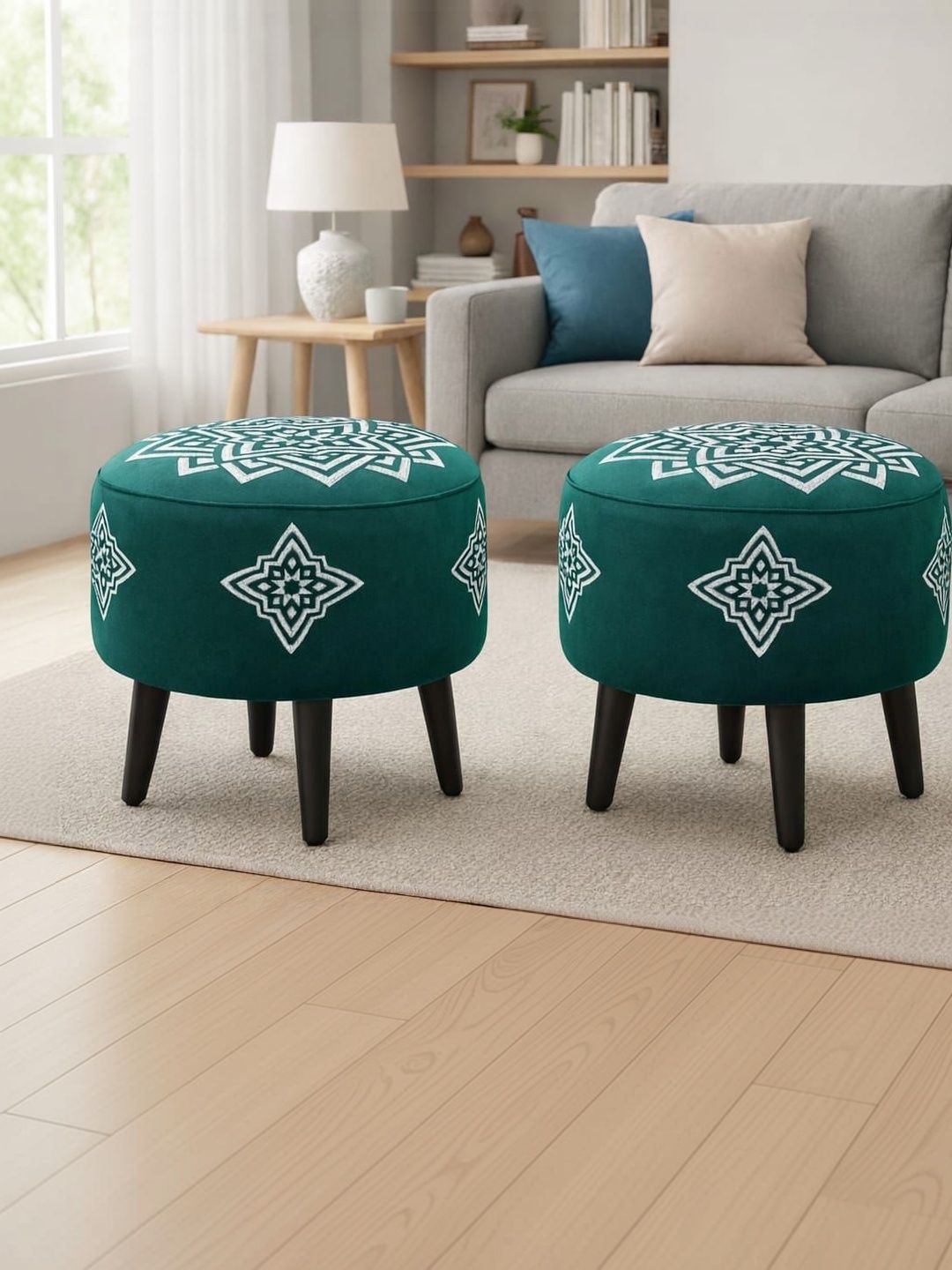 JAICO 2Pcs Green & White Printed Round Wooden & Velvet Ottomans-picture-49