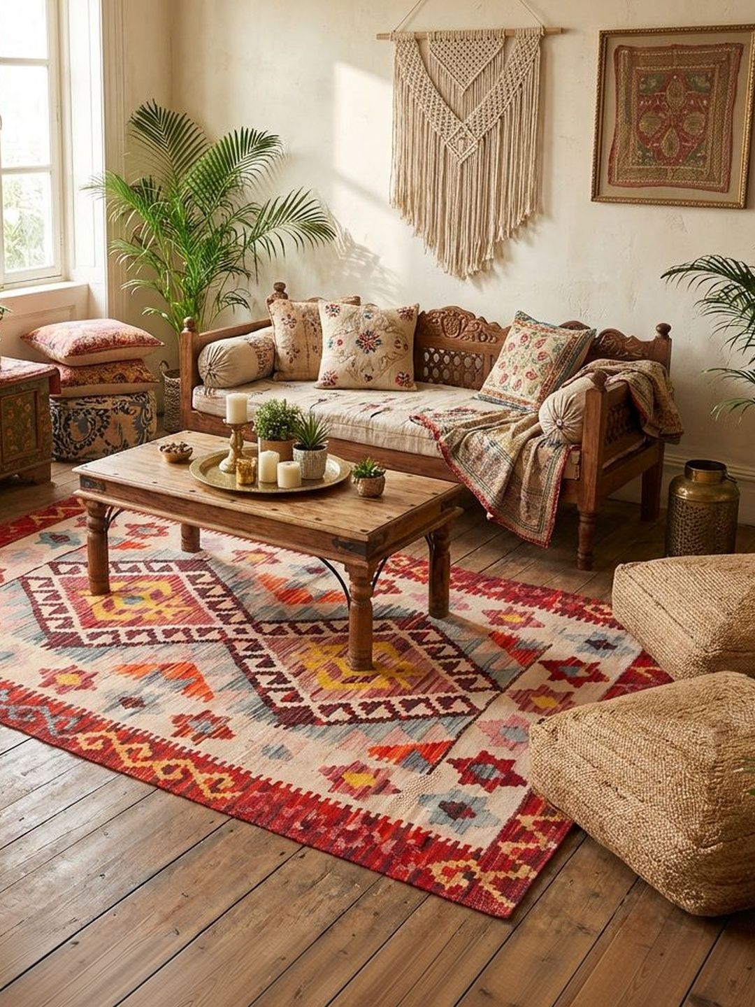 BUNGALOW AND BEYOND Red Ethnic Motifs No Shredding Cotton Carpet