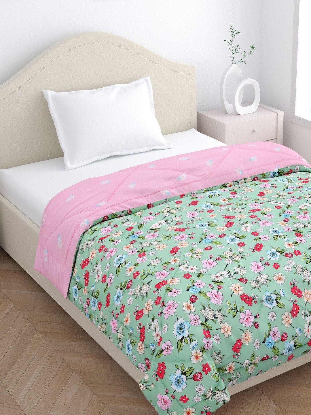 Home Ecstasy Pink & Green Floral Microfiber 150 GSM AC Room Single Bed Comforter-image-37