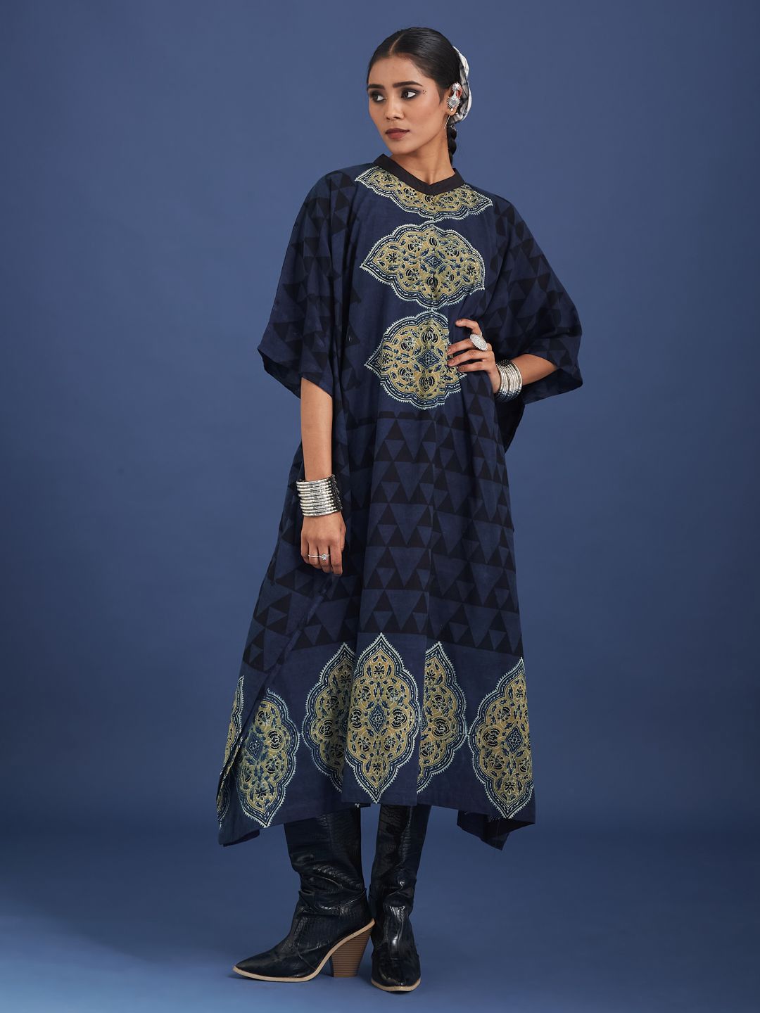 Taavi Women Ajrakh Block Printed Batwing Sleeves Cotton Kaftan Ethnic Dress-picture-20