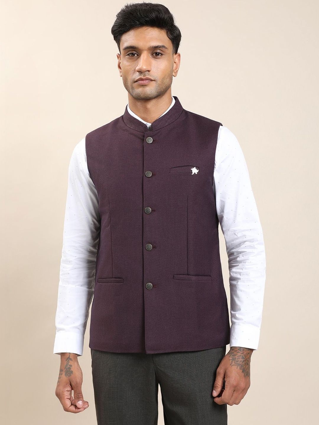 Turtle Woven Design Mandarian Collar Neck Woven Nehru Jacket-image-13