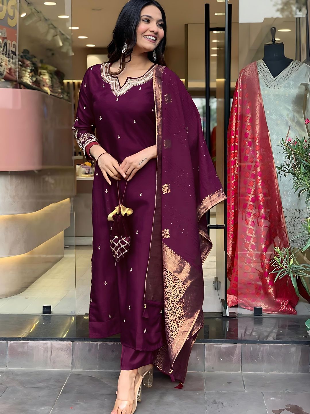 SZN Women Ethnic Motifs Embroidered Regular Velvet Kurta with Trousers & With Dupatta-picture-33