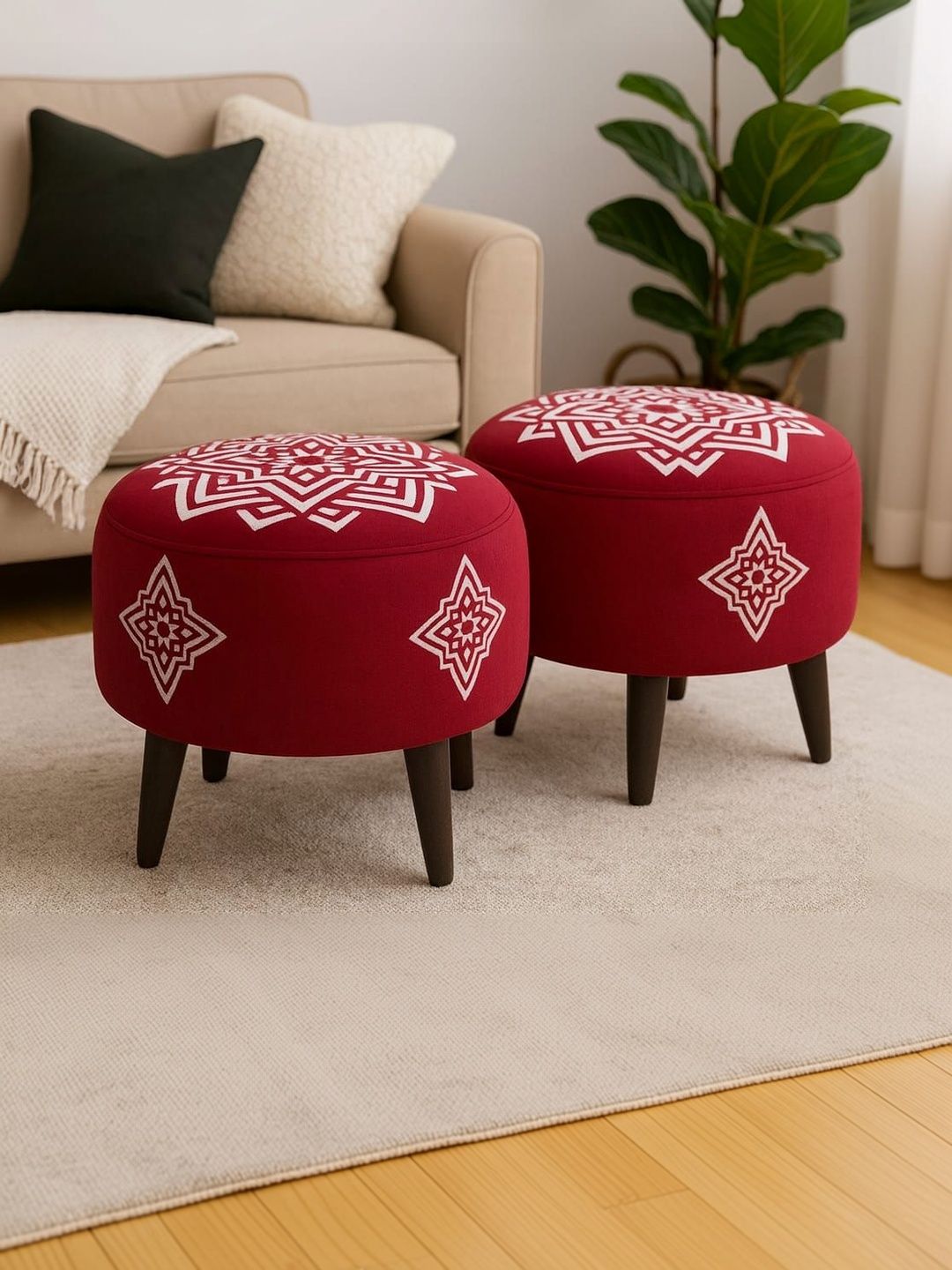 JAICO 2Pcs Red & White Printed Round Wooden & Velvet Ottomans-picture-10