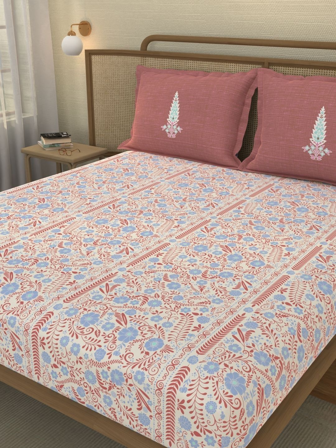 Portico New York Signature Cream-Coloured Floral 180 TC Bedsheet with 2 Pillow Covers