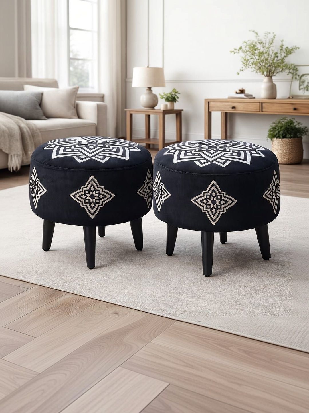 JAICO 2Pcs Black & White Printed Round Wooden & Velvet Ottomans-picture-41
