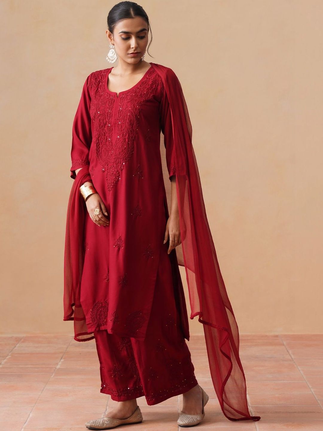 SAZRIKA Ethnic Motifs Embroidered Regular Thread Work Kurta with Palazzos & With Dupatta-picture-21