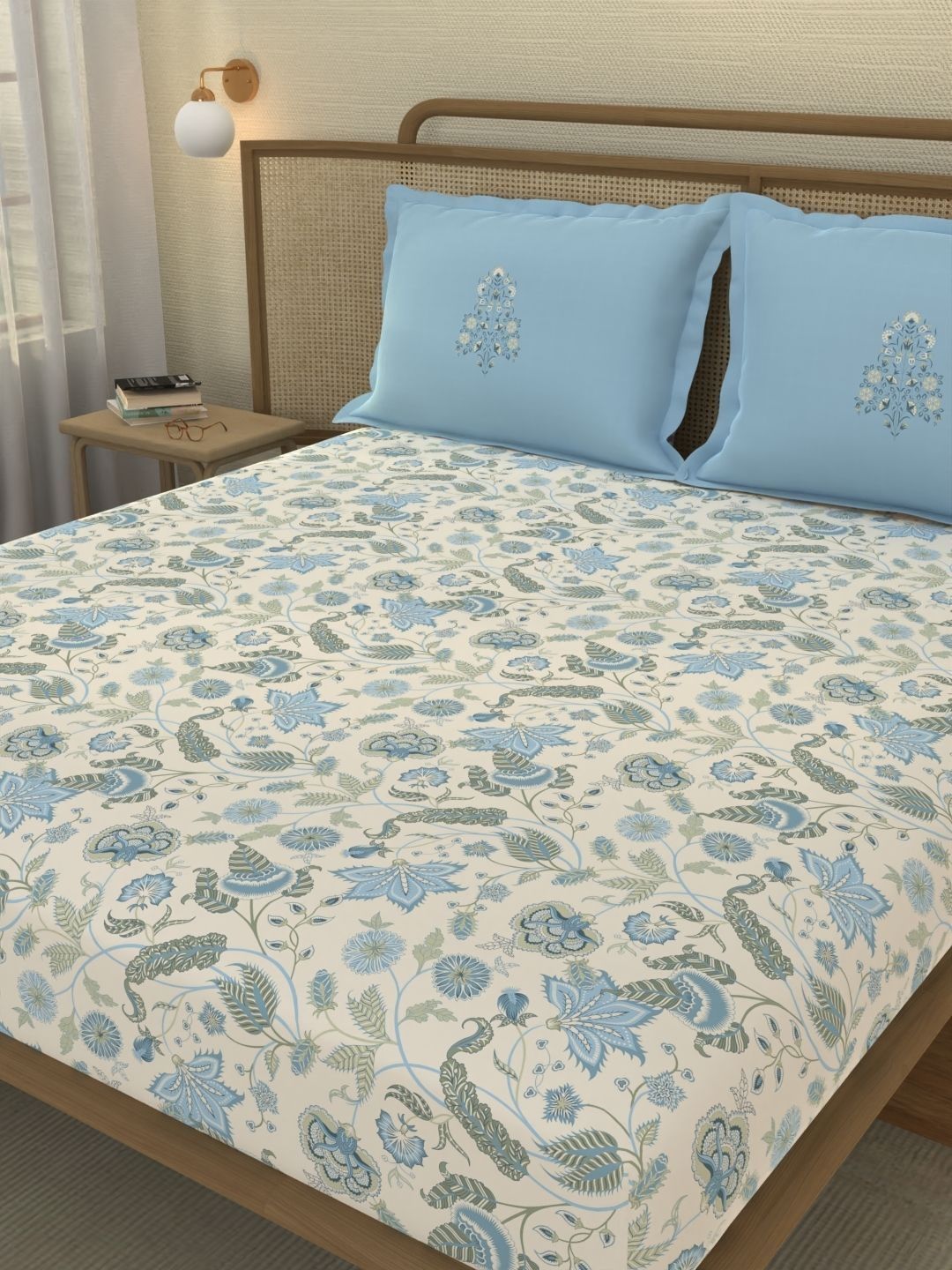 Portico New York Signature Cream-Coloured Floral 210 TC King Bedsheet with 2 Pillow Covers-picture-13