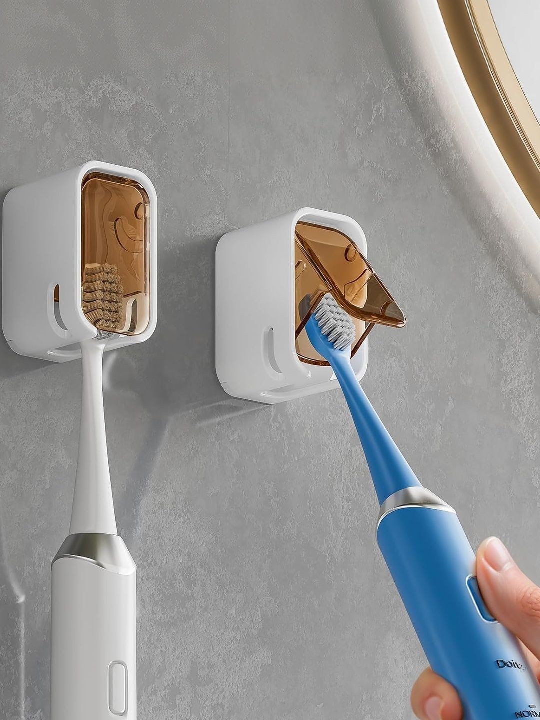HASTHIP 2Pcs Brown & White Textured Adhesive Silicone Wall Toothbrush Holder-picture-17