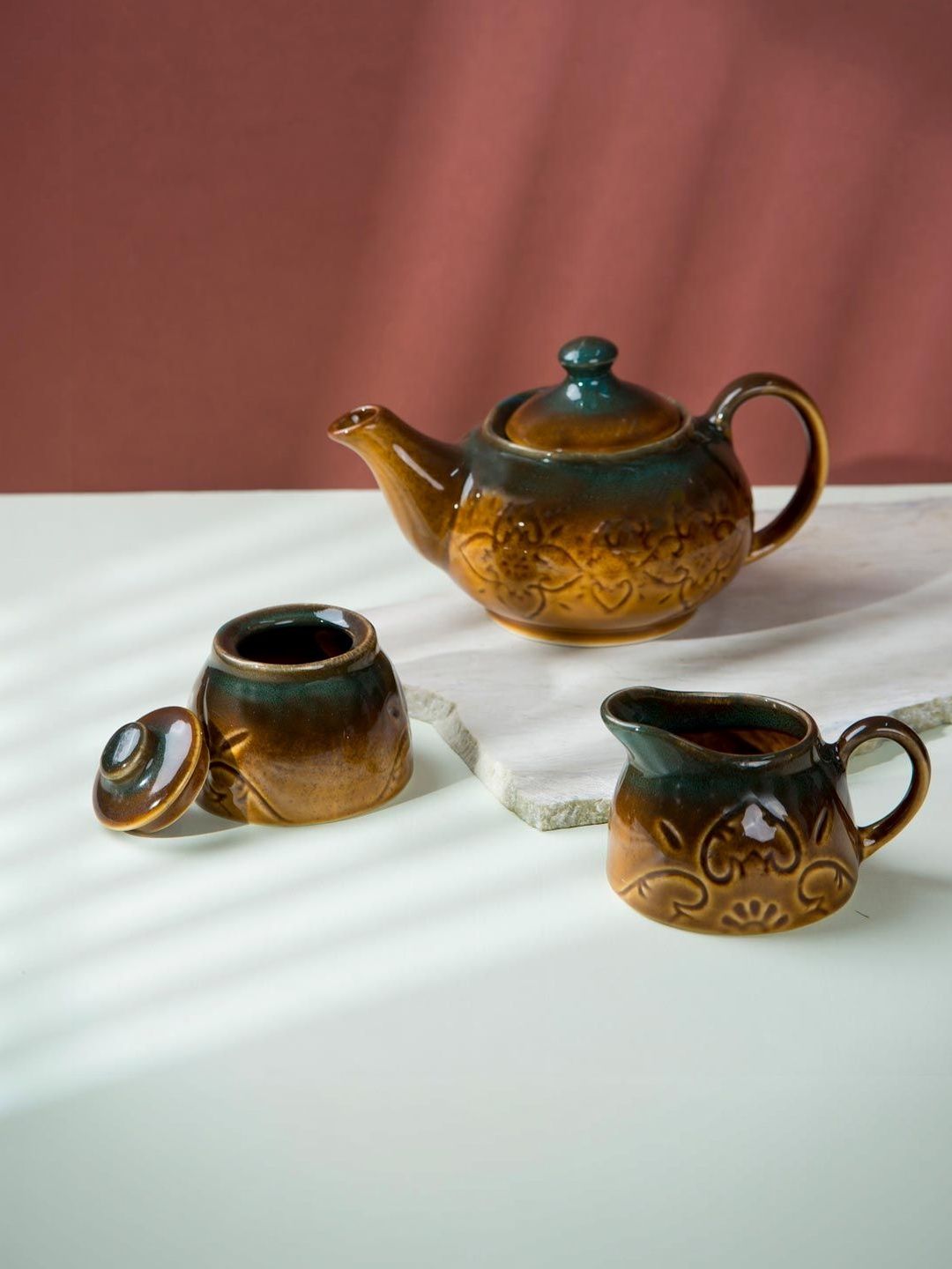 Fabindia Yellow Crafted Ceramics Textured Ceramic Glossy Kettle Set of Cups and Mugs-image-45