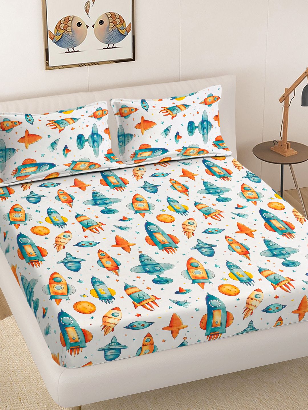 FABINALIV FABINALIV White Cartoon Print Polycotton 300 TC Bedsheet with 2 Pillow Covers