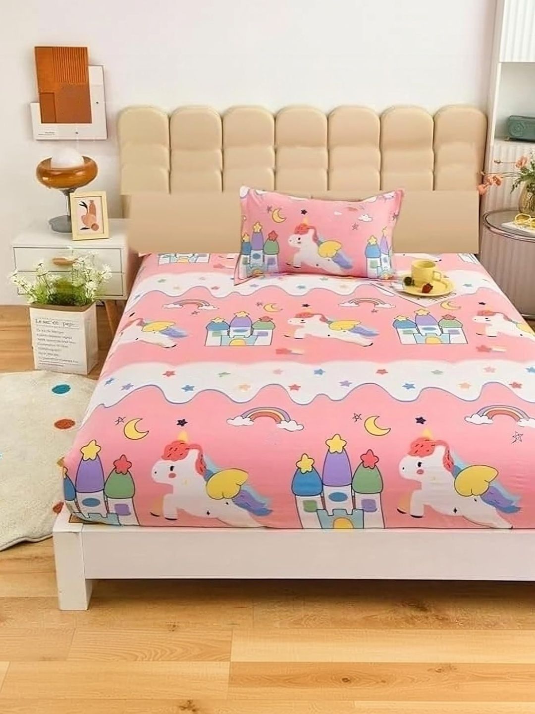 Filymore Pink Conversational 300 TC Single Bedsheet with 1 Pillow Covers-image-30