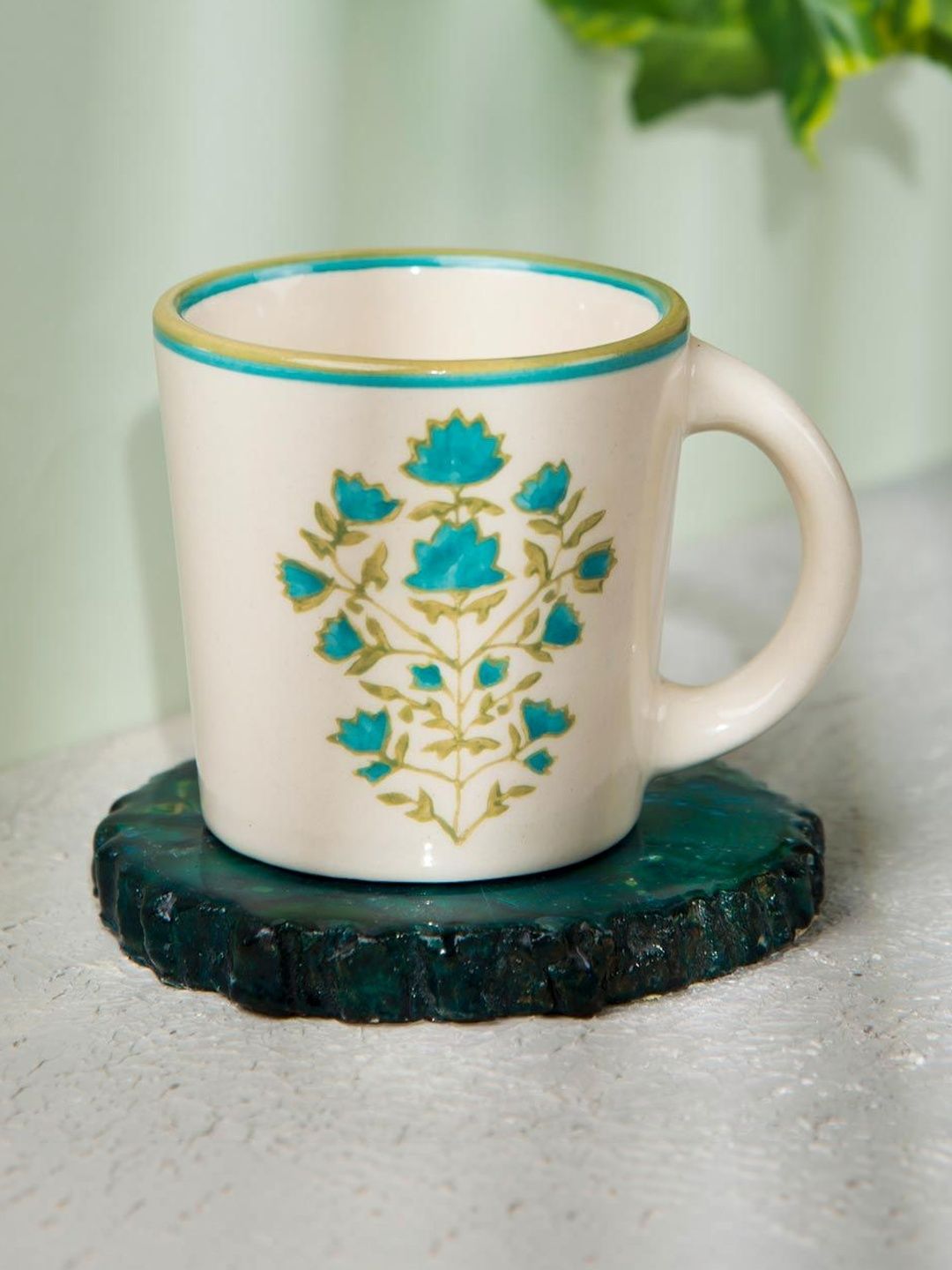 Fabindia Off White & Green Floral Painted Textured Ceramic Glossy Mug-image-45